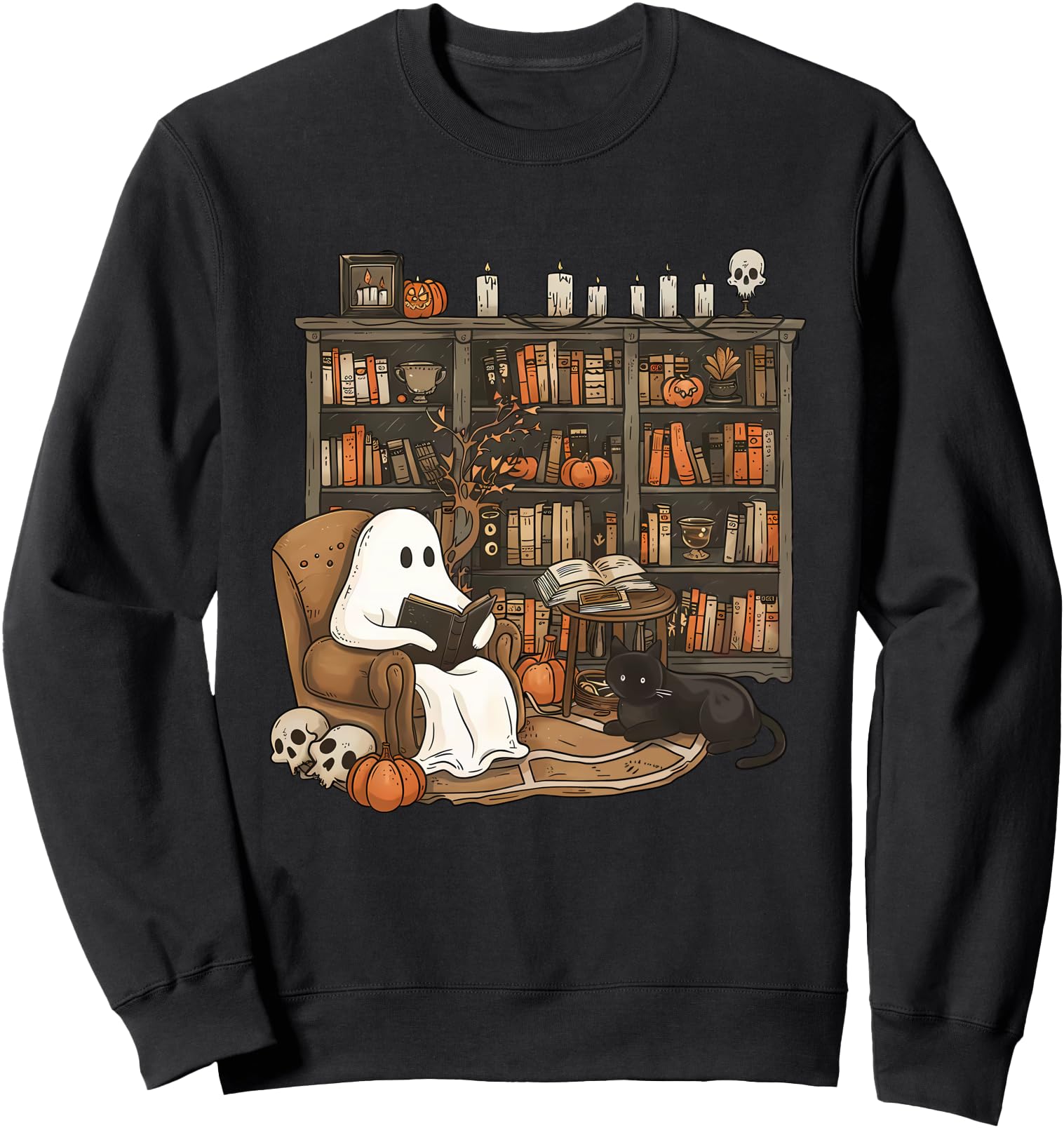 Retro Librarian Bookshelf Teacher Boujee Ghost Cat Halloween Sweatshirt