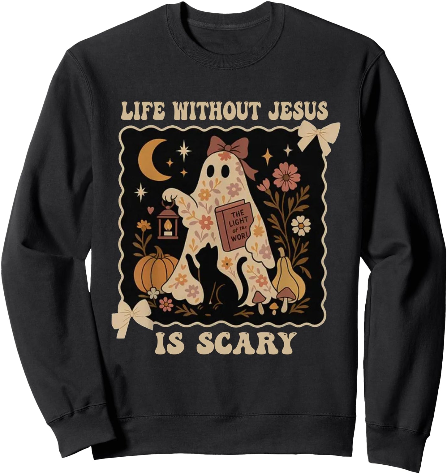 Life Without Jesus Is Scary Boho Floral Ghost Cat Halloween Sweatshirt