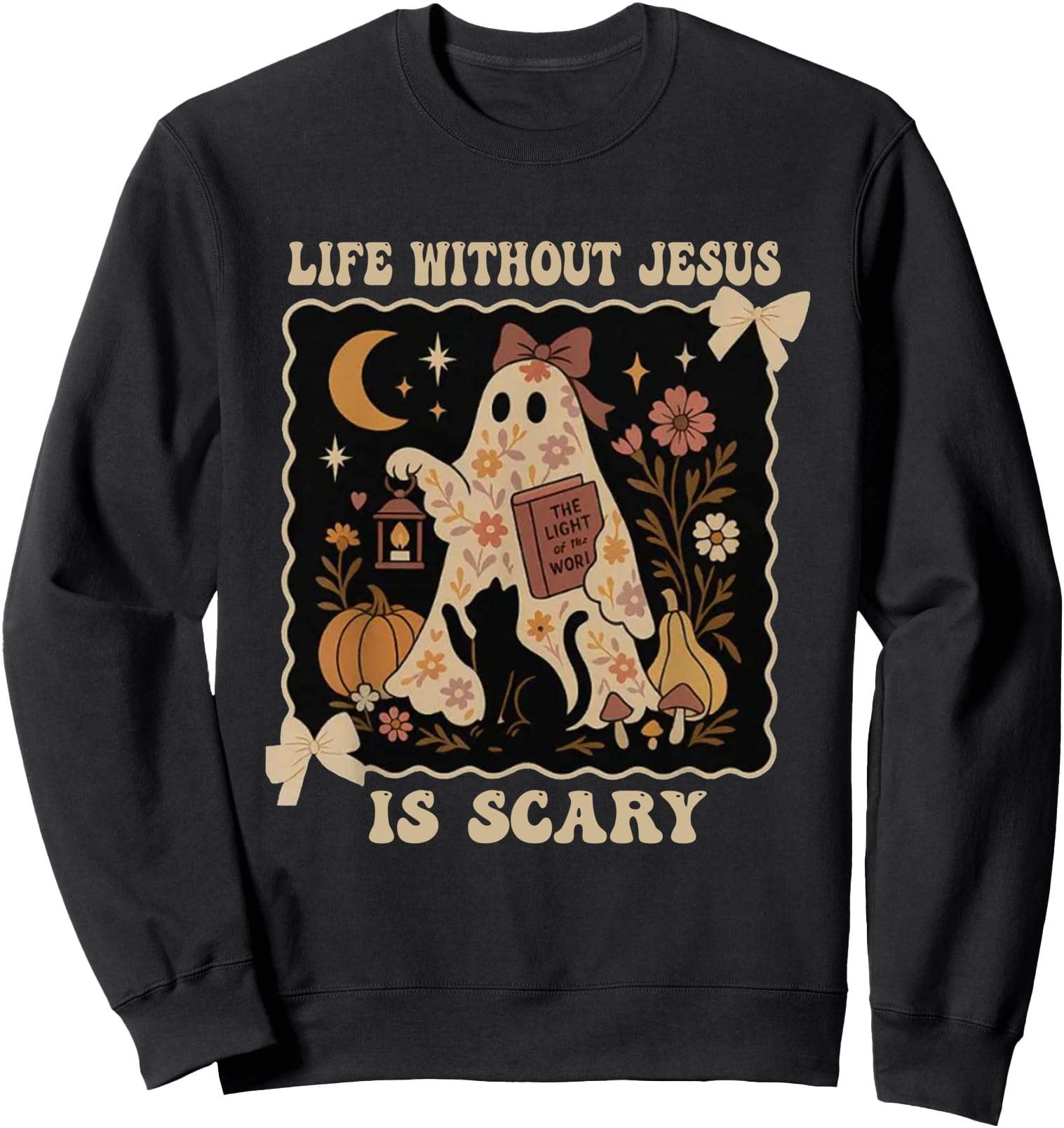 Life Without Jesus Is Scary Boho Floral Ghost Cat Halloween Sweatshirt