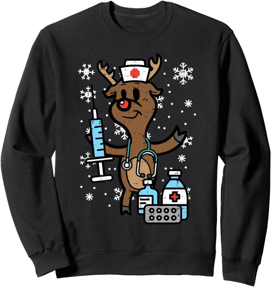 Christmas Nurse Reindeer Funny Xmas Nursing Scrub Top Women Sweatshirt