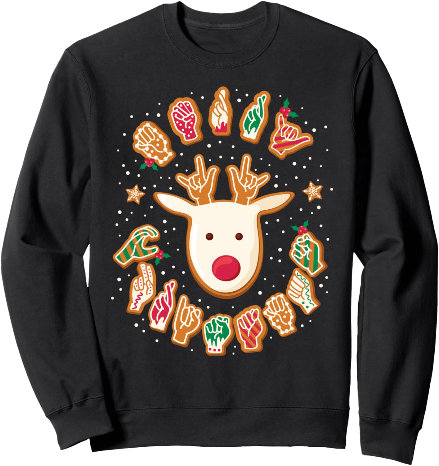 Gingerbread ASL Deaf Signing ASL Christmas Merry Christmas Reindeer Sweatshirt - Unisex Adult, Black, Small