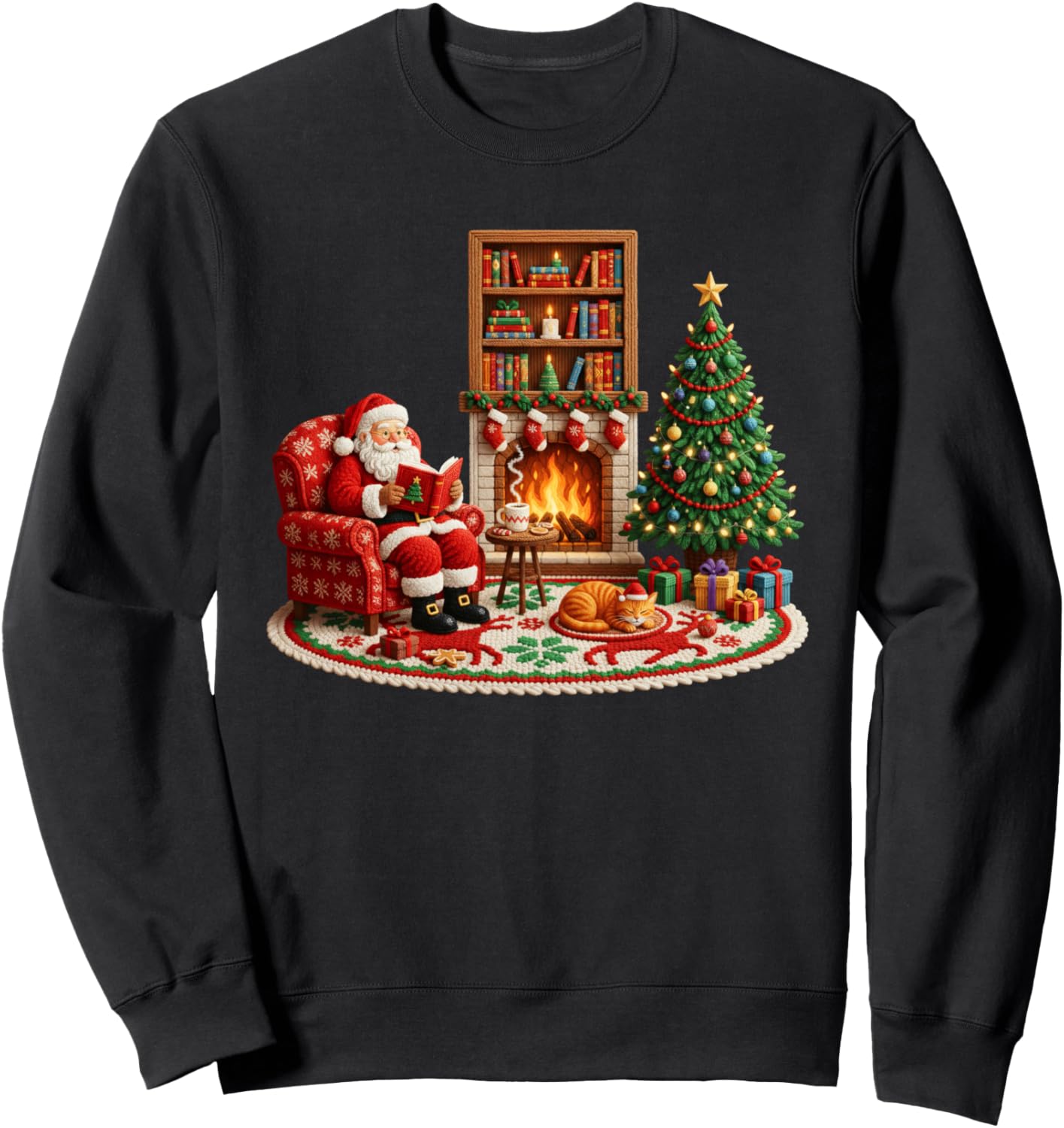 Christmas Xmas Santa Reading Book Lover Latch Hook Crochet Sweatshirt