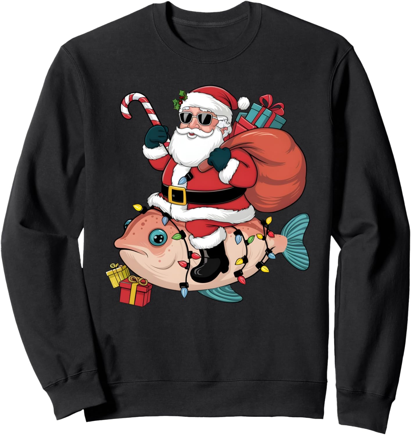 Xmas Lighting Santa Riding Puffer Fish Christmas Sweatshirt