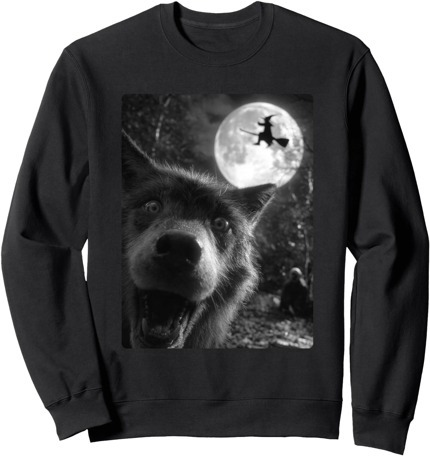 Funny Wolf Selfie Full Moon Flying Witch Forest Halloween Sweatshirt