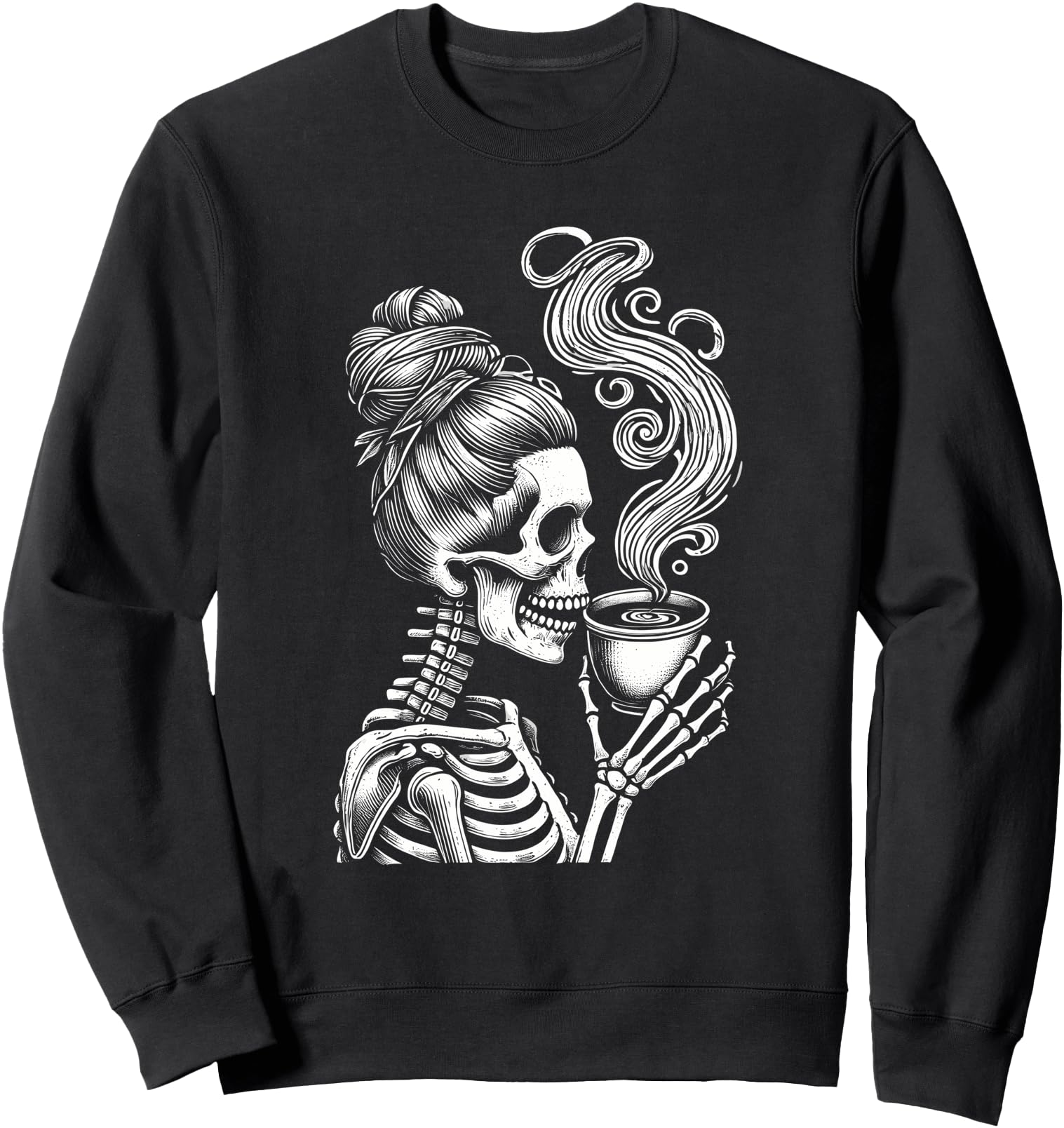 Messy Bun Skeleton Drinking Coffee Funny Halloween Costume Sweatshirt