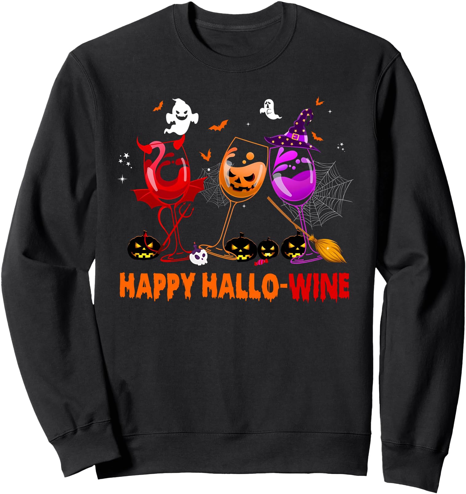 Happy Hallowine Witch Pumpkin Vampire Wine Glass Sweatshirt