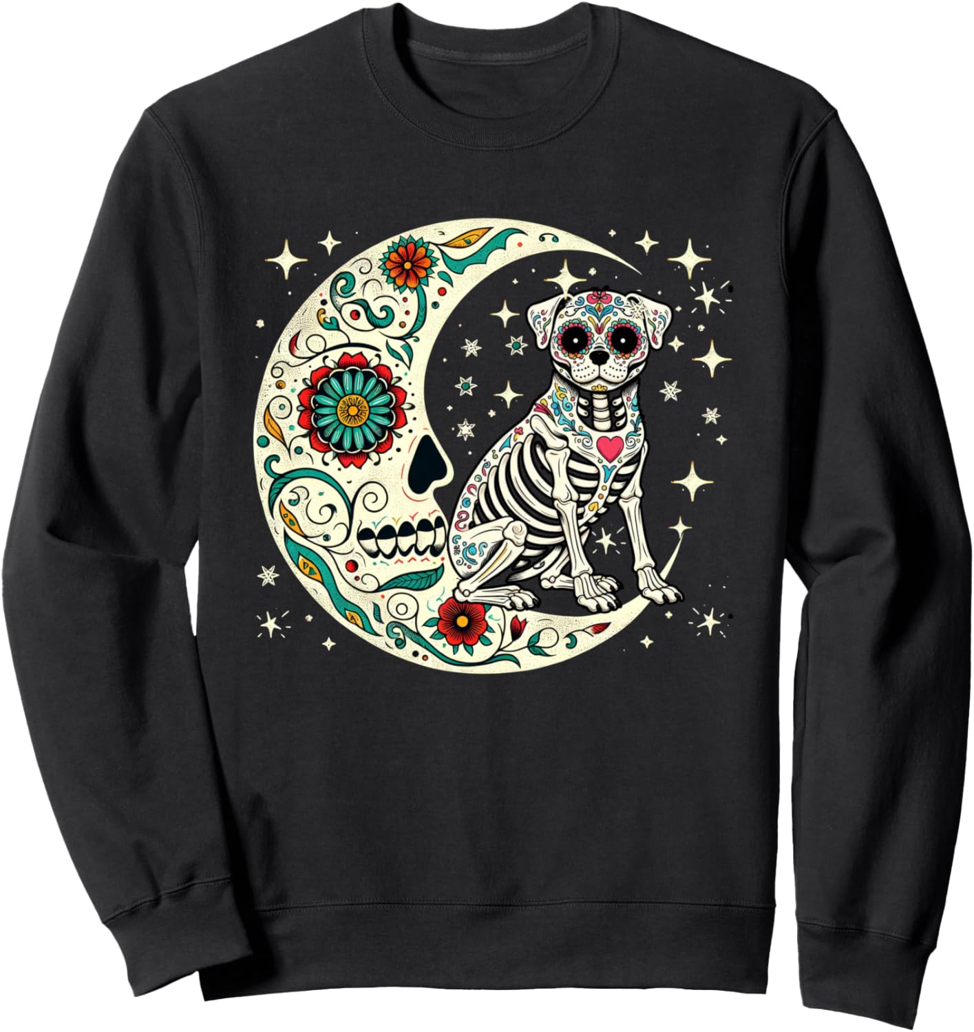 Dia De Los Muertos Halloween Moon Floral Skeleton Pug Sweatshirt