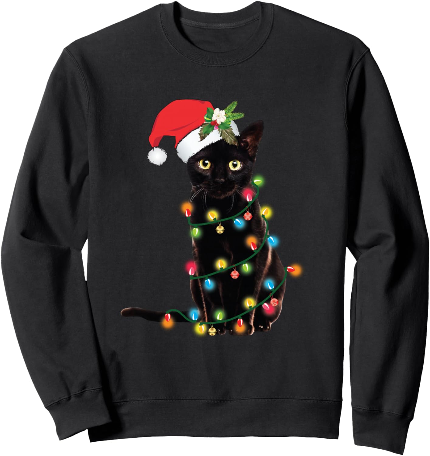 Santa Black Cat Tangled Up In Christmas Tree Lights Holiday Sweatshirt
