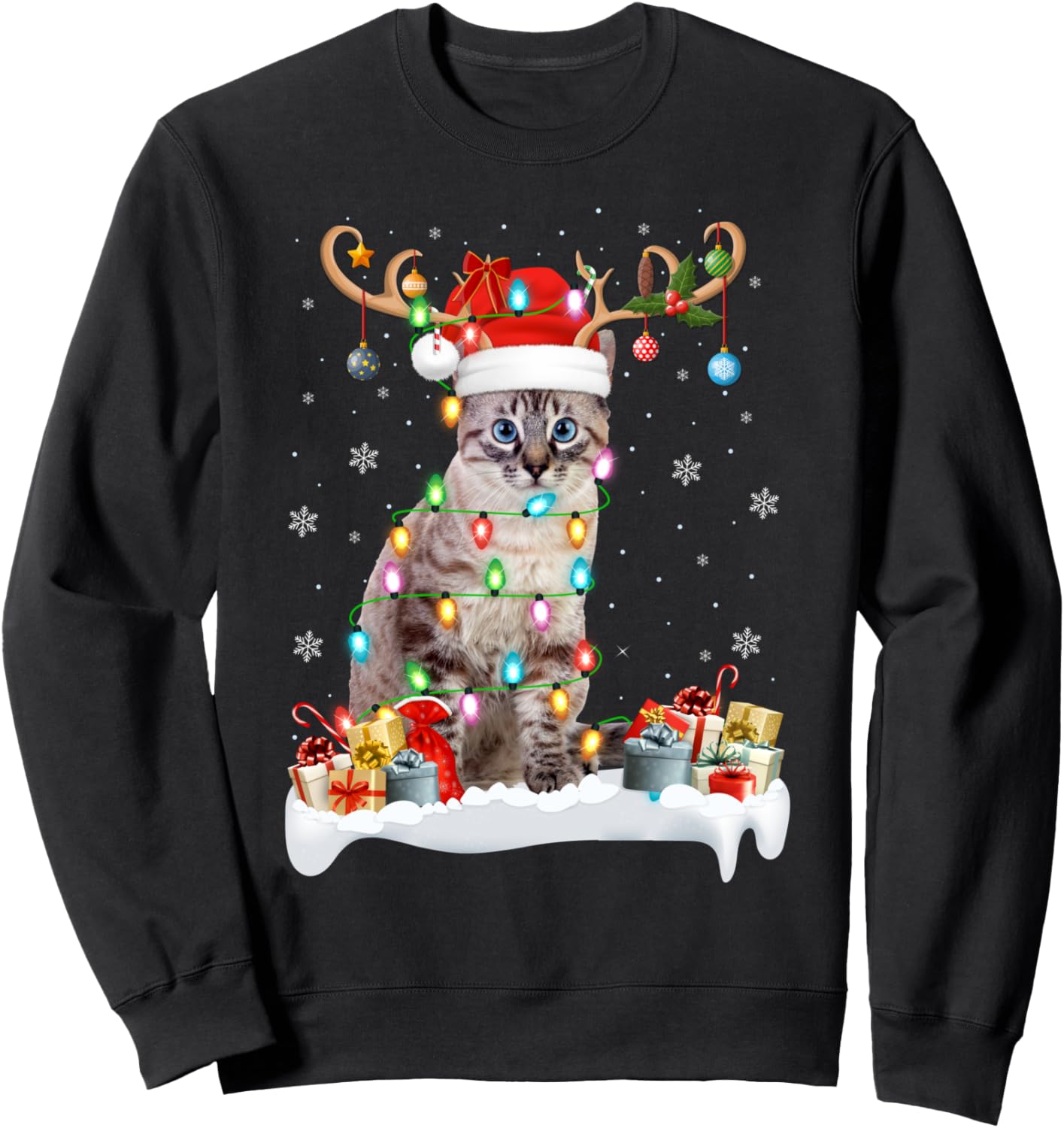 Cat Lighting Xmas Reindeer Santa Hat Cat Christmas Sweatshirt