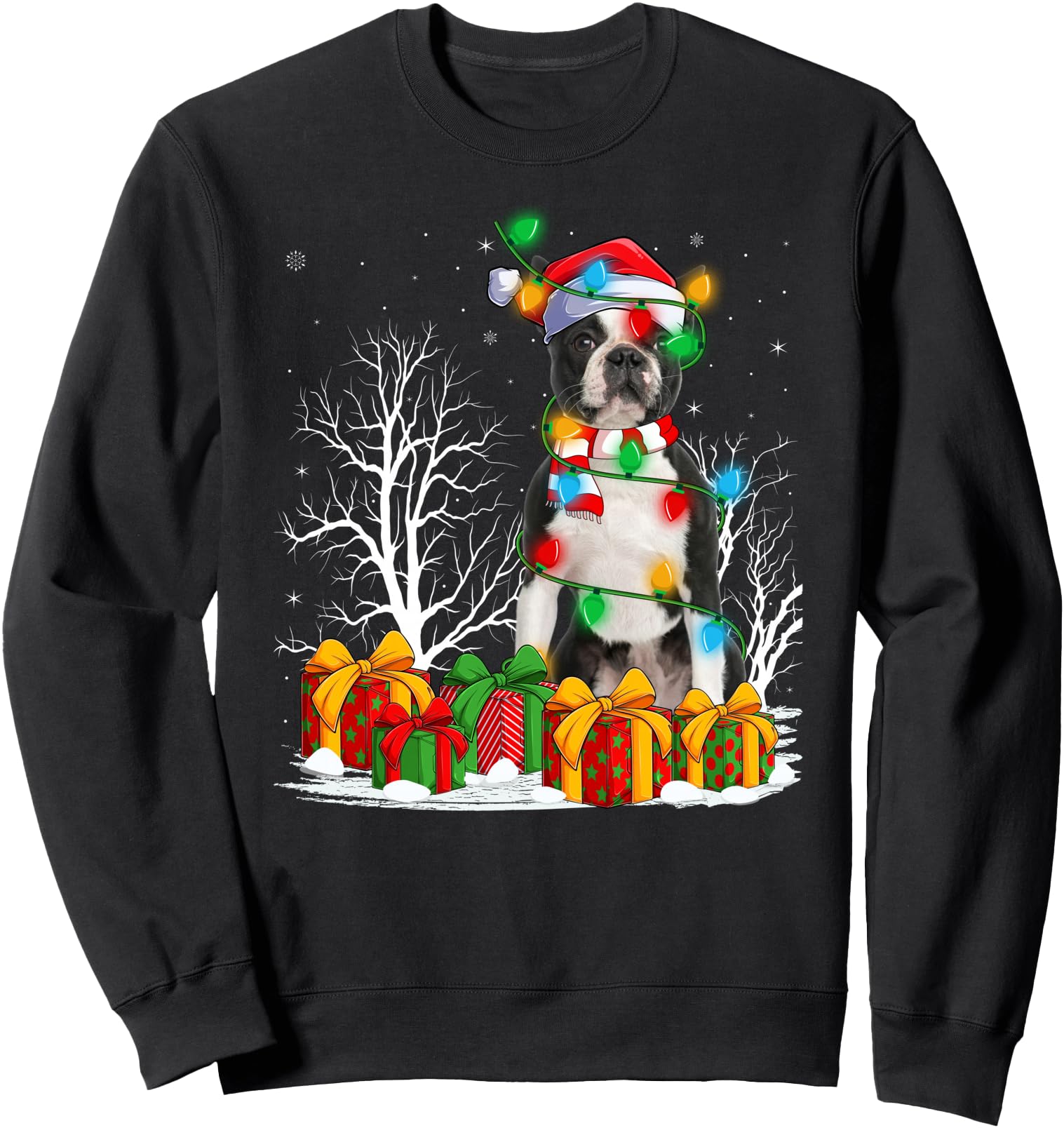 Boston Terrier Dog Christmas Lights Decor Holiday Santa Xmas Sweatshirt