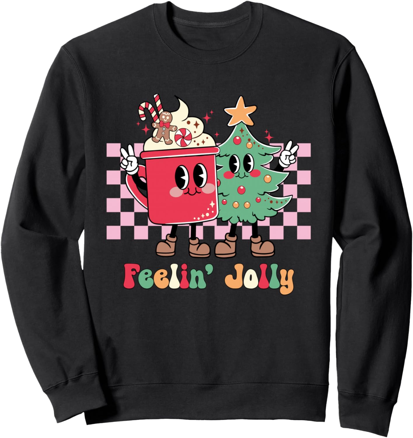 Feelin' Jolly Checkered Christmas Tree Hot Cocoa Xmas Family Sweatshirt