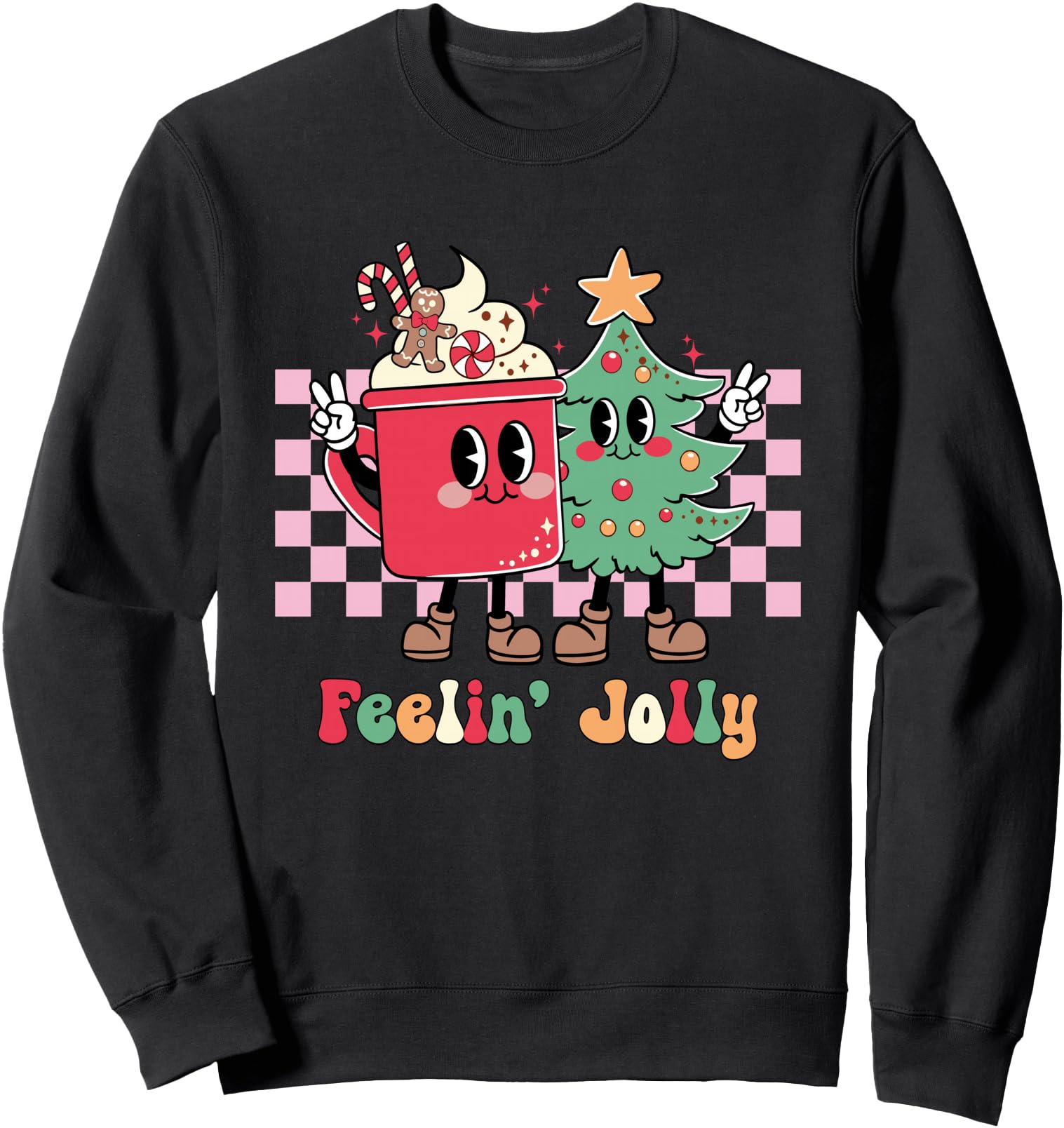 Feelin' Jolly Checkered Christmas Tree Hot Cocoa Xmas Family Sweatshirt