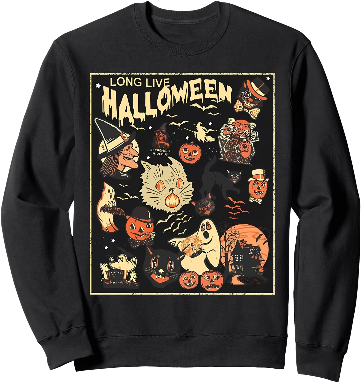 Vintage Black Cat Long Live Halloween Spooky Ghost Pumpkin Sweatshirt