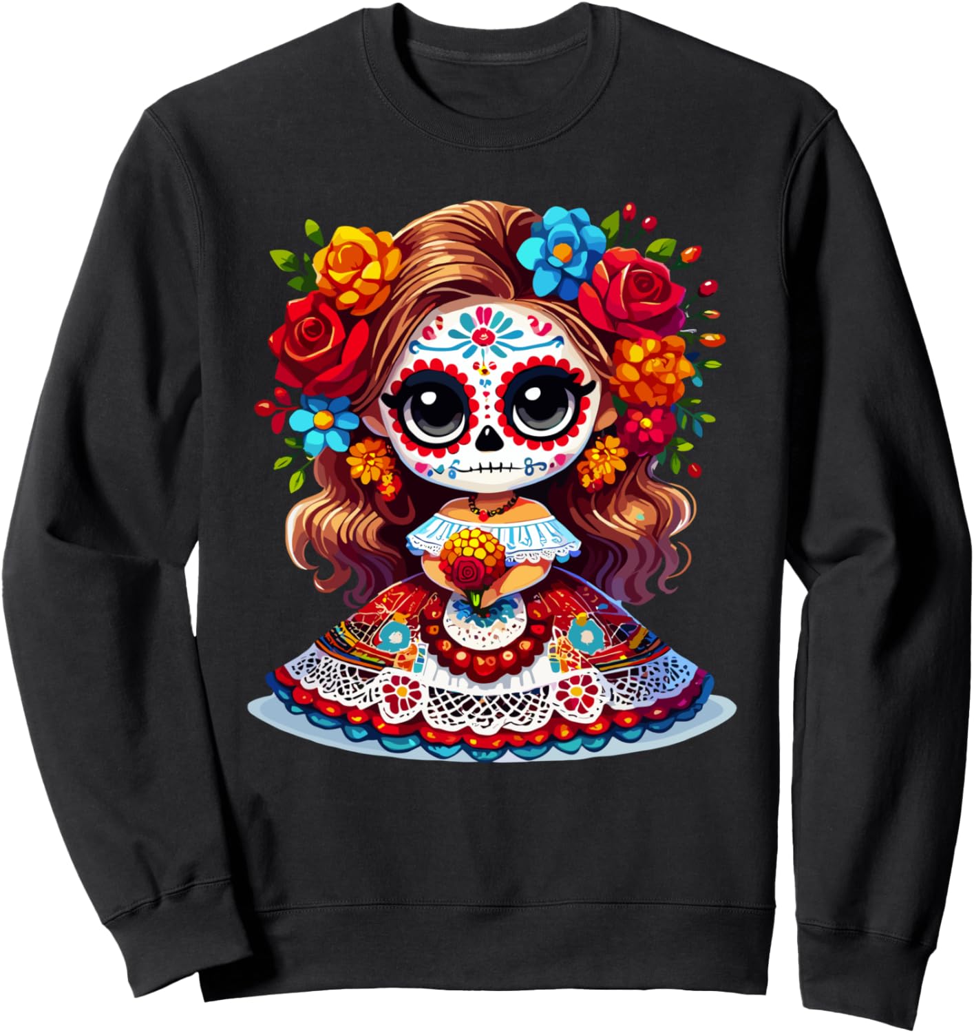 Cute Catrina Doll with Flowers Sugar Skull Halloween Costume Sweatshirt