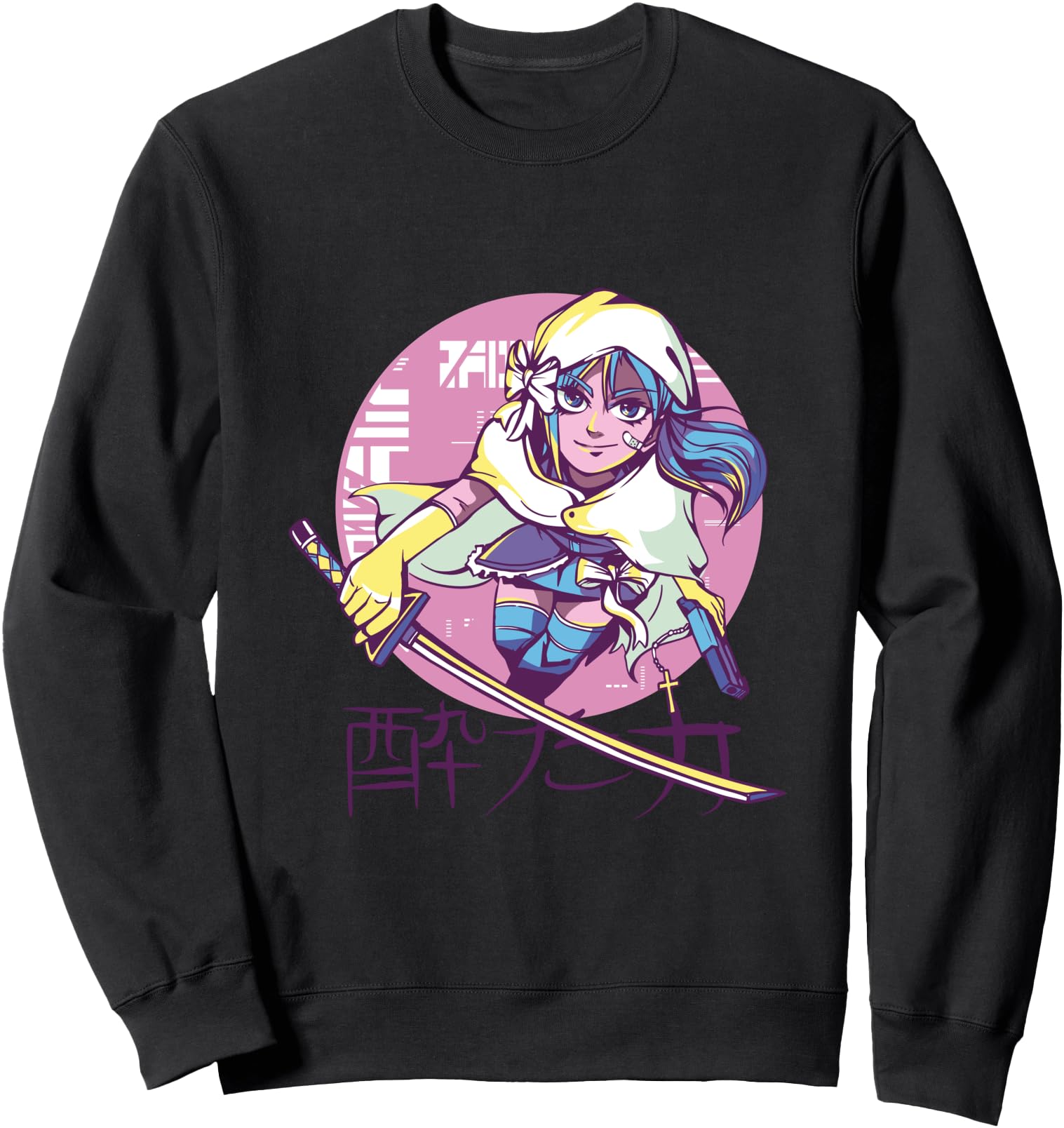 Cyber Punk Anime Warrior Girl Retro Kanji Japanese Design Sweatshirt