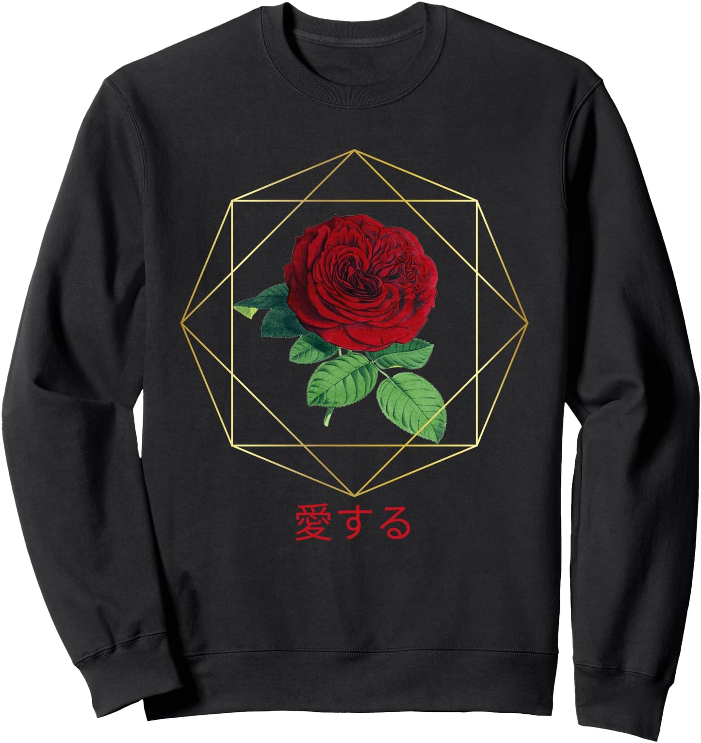 Vintage Red Rose, Geometric Gold Frame, Aesthetic, Japanese Sweatshirt
