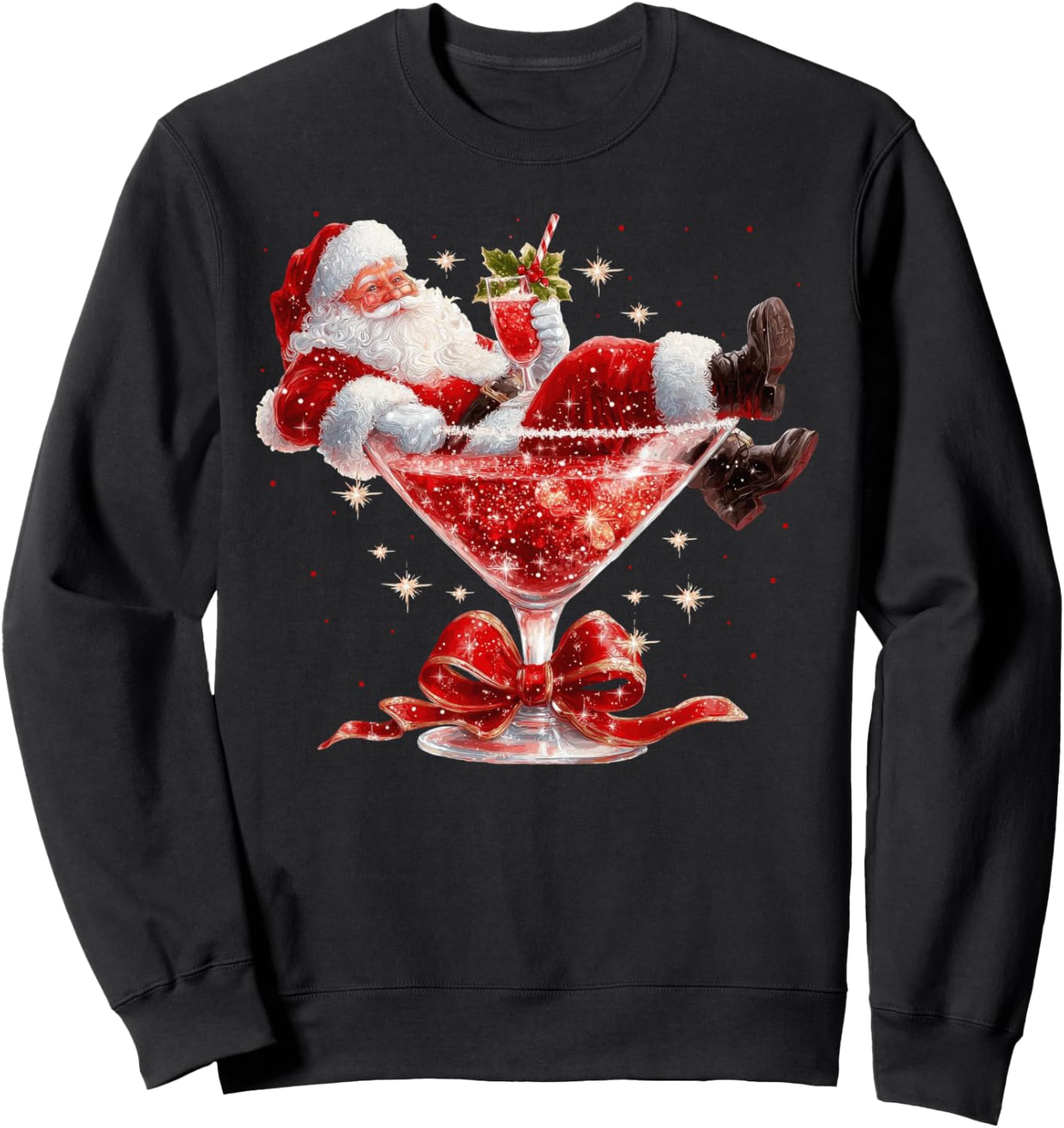 Santa Relaxing in Martini Glass with Festive Red Sparkles Sweatshirt
