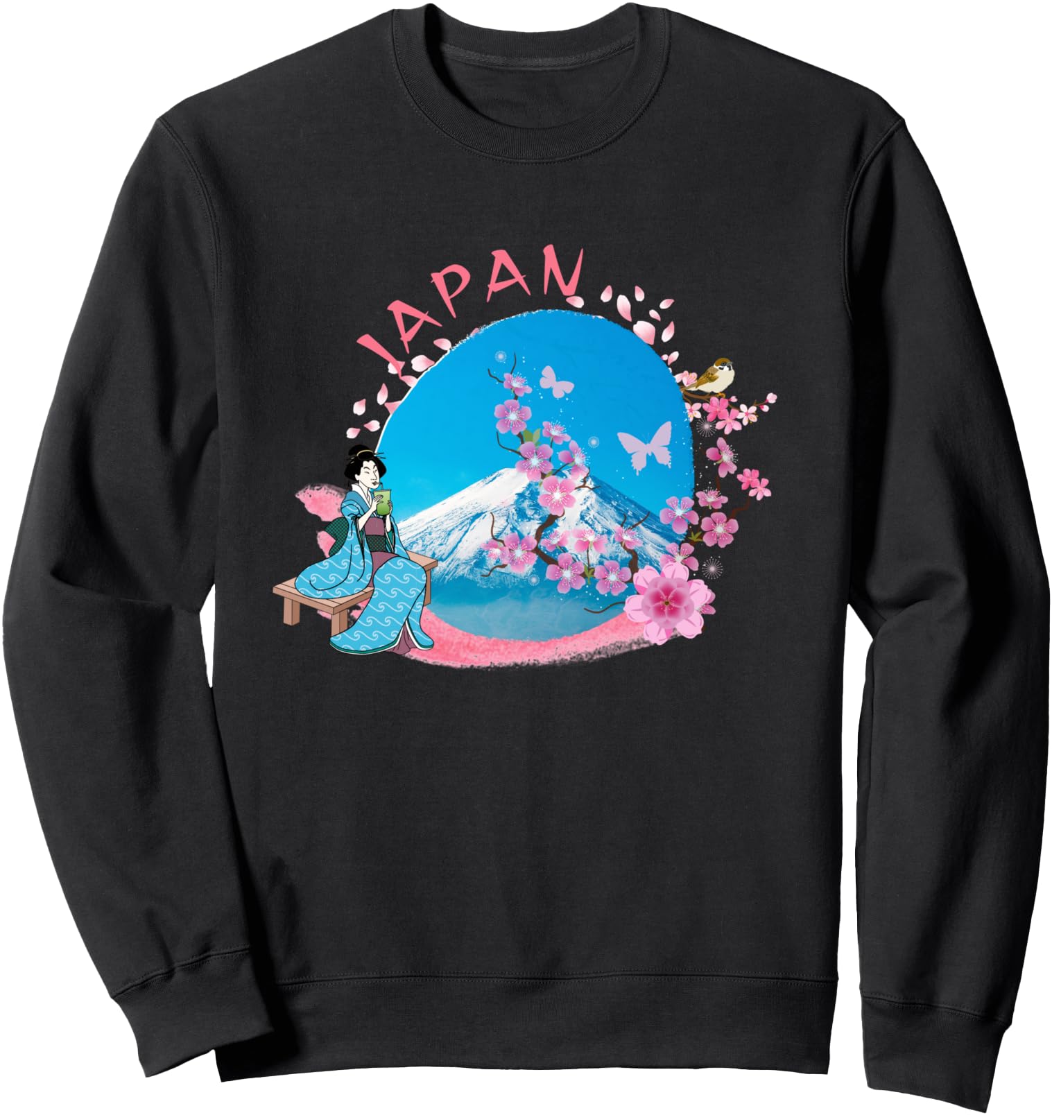 Japan Volcano Blue Lake Pink Cherry Blossom Japanese Geisha Sweatshirt