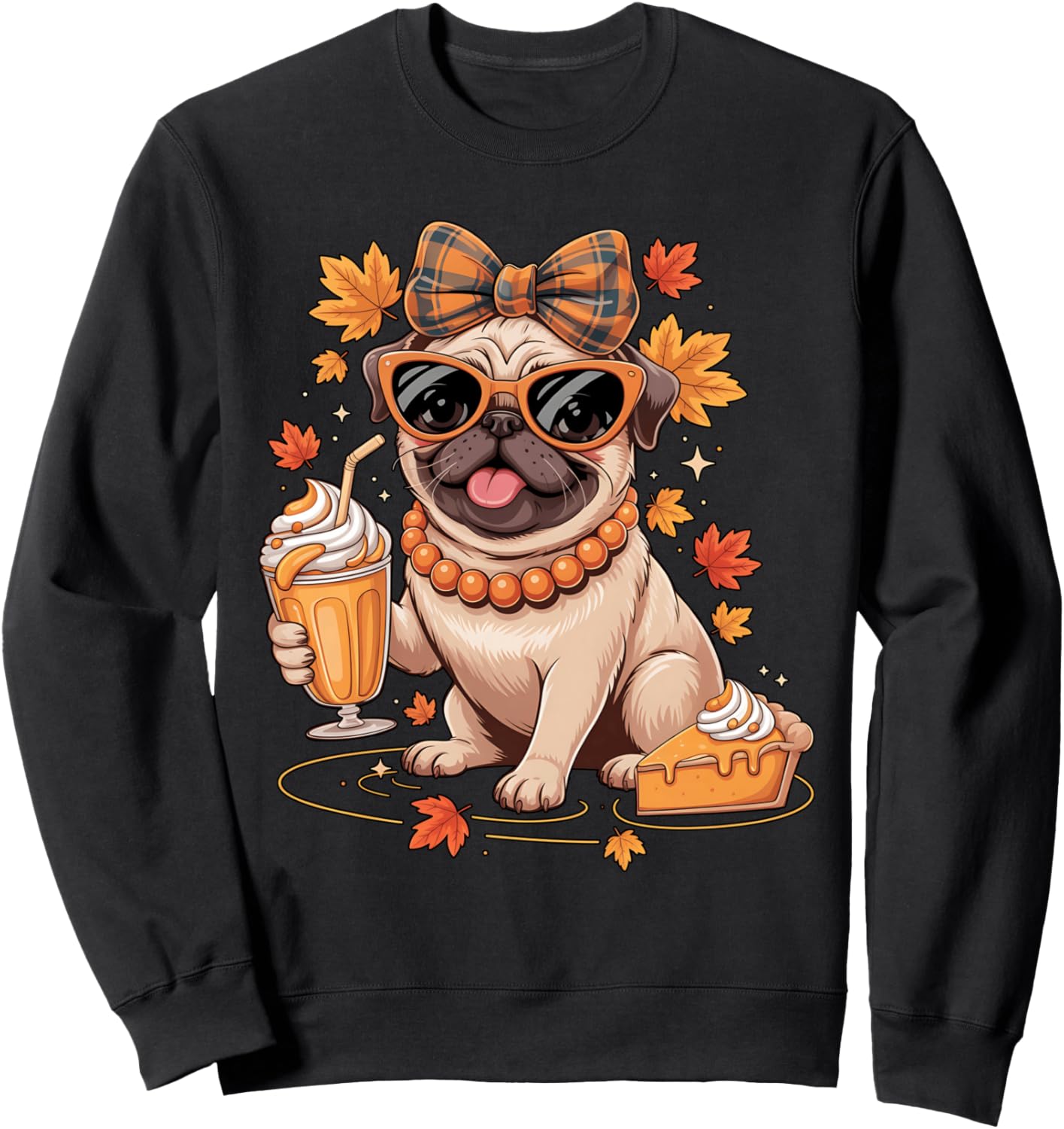 Pug Bow Girls Women Fall Autumn Leaves Thanksgiving Sweatshirt