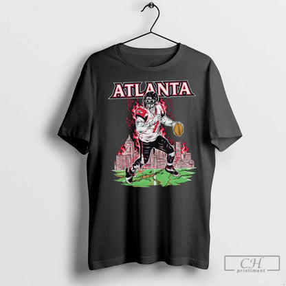 Atlanta Zombie Football Player Throwing Ball Flames City Skyline