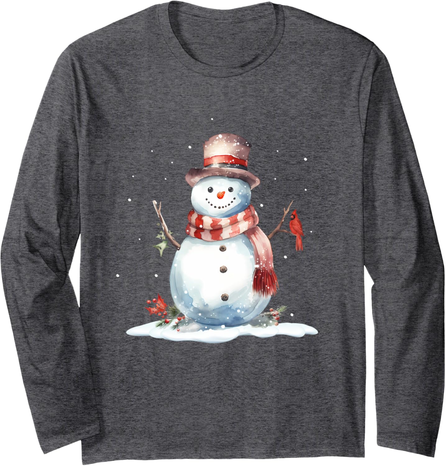 Cardinal Bird on Cute Winter Christmas Snowman, watercolor Long Sleeve