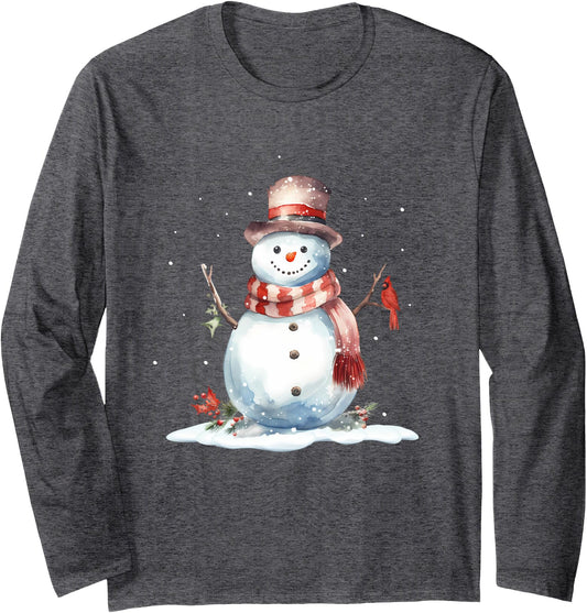 Cardinal Bird on Cute Winter Christmas Snowman, watercolor Long Sleeve