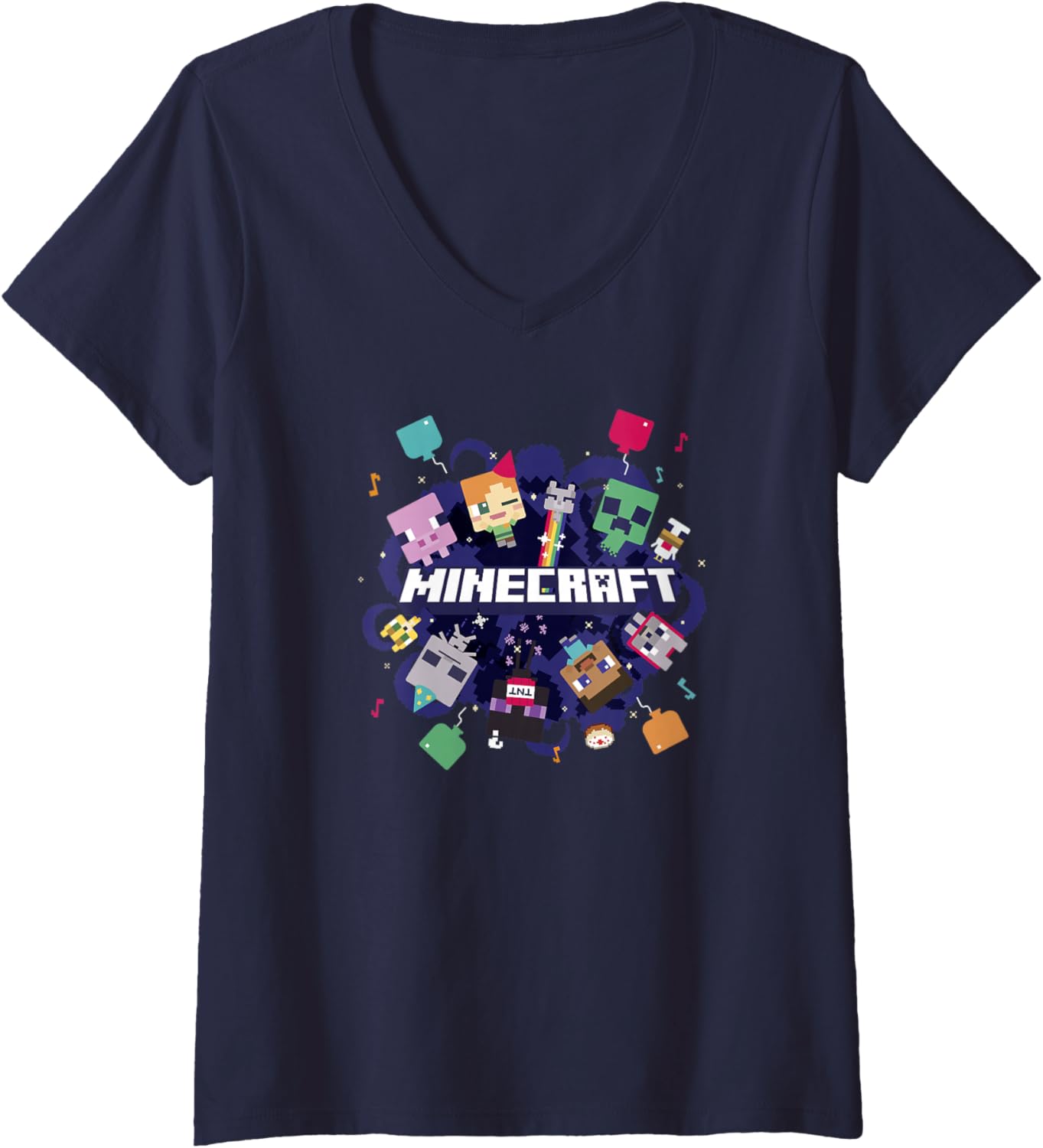 Womens Minecraft Chibi Mobs Party Celebration Logo V-Neck