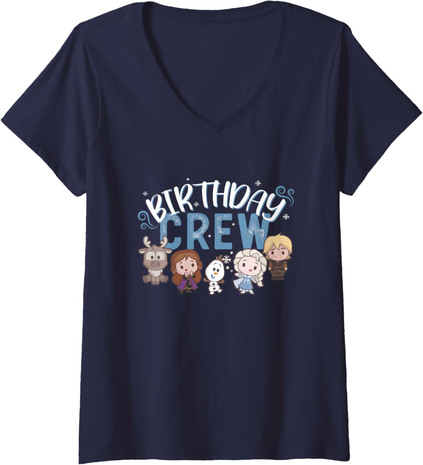 Womens Disney Frozen Birthday Crew Cute Chibi Group Shot Big Logo V-Neck