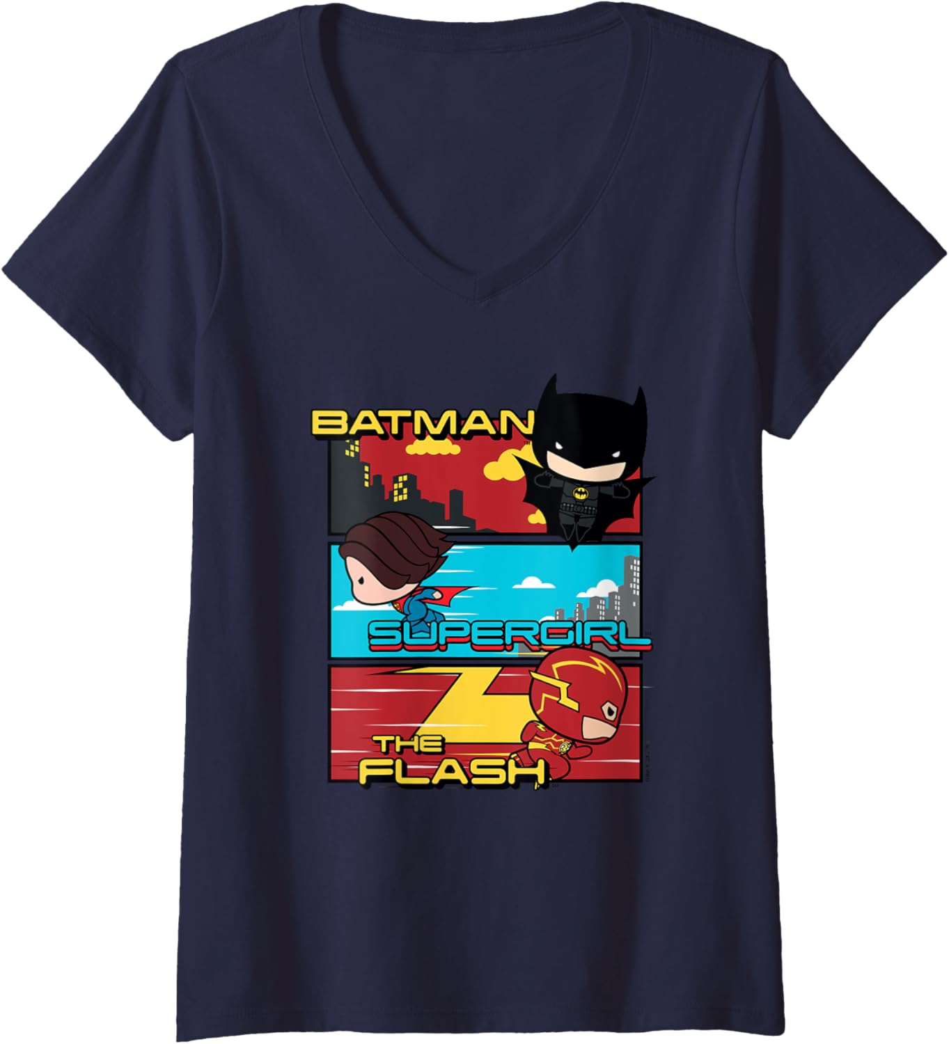 Womens The Flash Movie Batman Supergirl Chibi Trio V-Neck