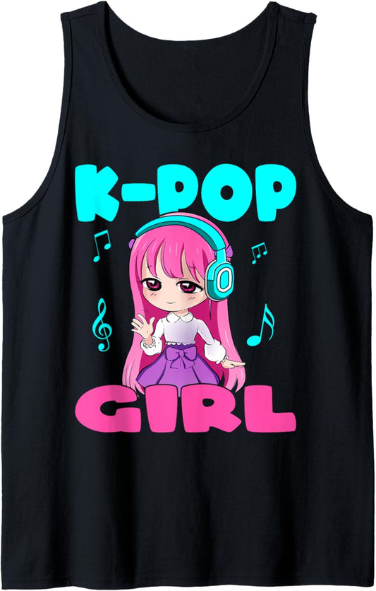 Anime and K-Pop K-POP GIRL Music Chibi Kawaii Manga Tank Top