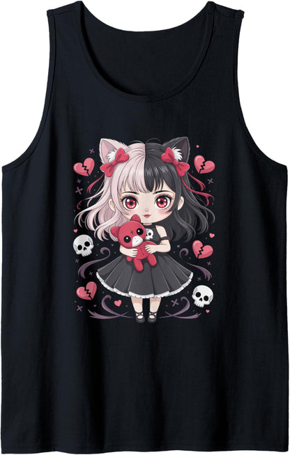 Goth Emo Girl with Teddybear Gothic Chibi Anime Girlie Tank Top