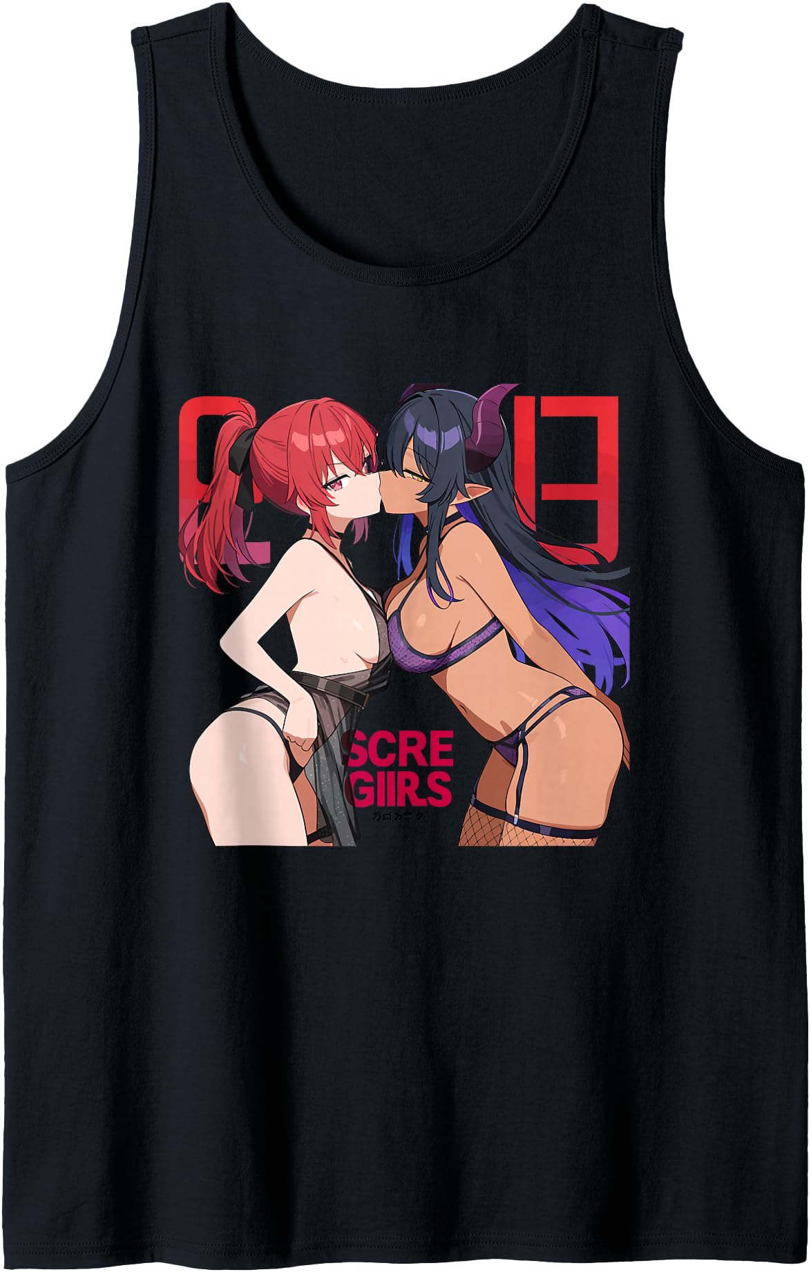 Waifu Sexy Anime Kissing Girls Horns Japanese Manga Style Tank Top