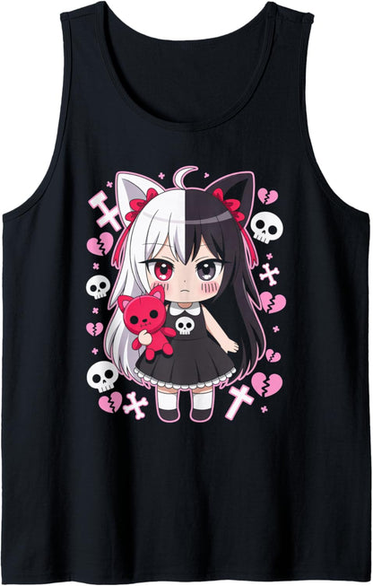 Goth Emo Girl with Teddybear Gothic Chibi Anime Girlie Tank Top
