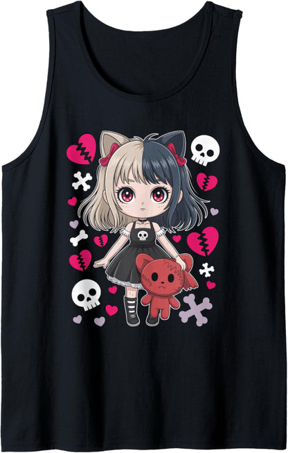 Goth Emo Girl with Teddybear Gothic Chibi Anime Girlie Tank Top