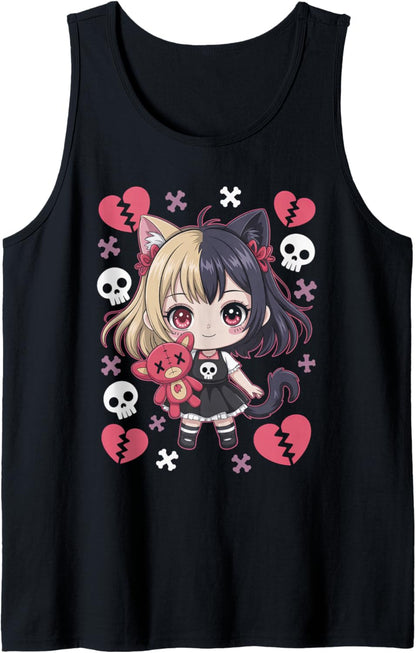 Goth Emo Girl with Teddybear Gothic Chibi Anime Girlie Tank Top