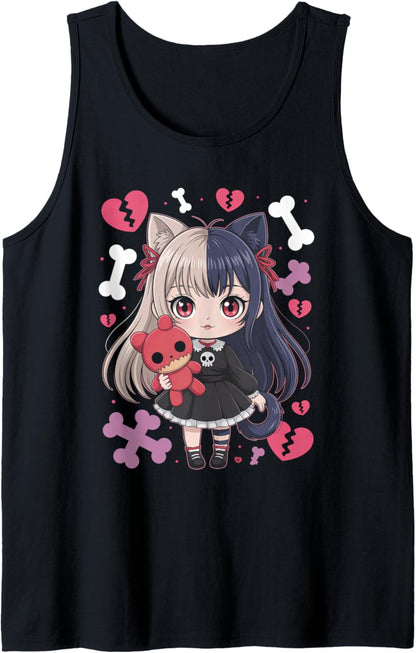 Goth Emo Girl with Teddybear Gothic Chibi Anime Girlie Tank Top