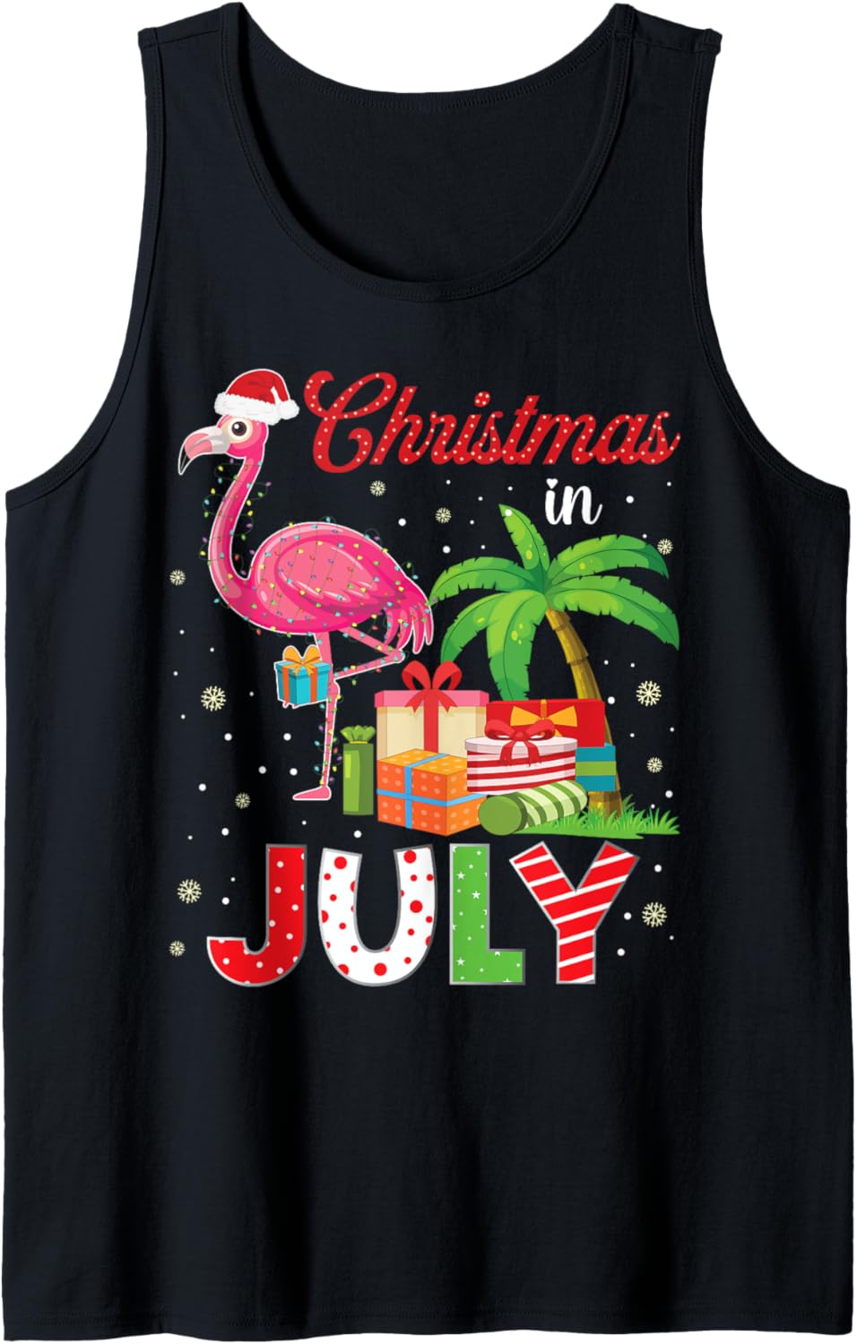Christmas in July Pink Flamingo with Santa Hat Funny Xmas Tank Top