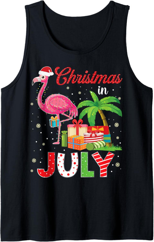 Christmas in July Pink Flamingo with Santa Hat Funny Xmas Tank Top