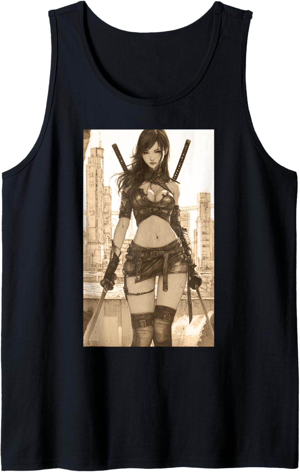Sexy Anime Samurai Girl Dystopia Merch for Men Monochromatic Tank Top