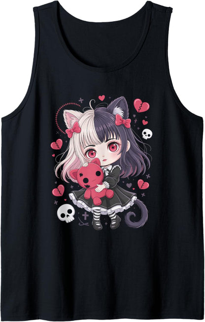 Goth Emo Girl with Teddybear Gothic Chibi Anime Girlie Tank Top