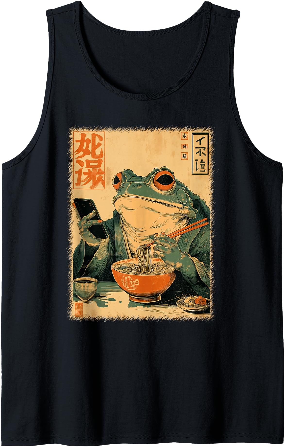 Funny Grumpy Frog Eat Ramen and Scroll Phone Japanese Art Tank Top