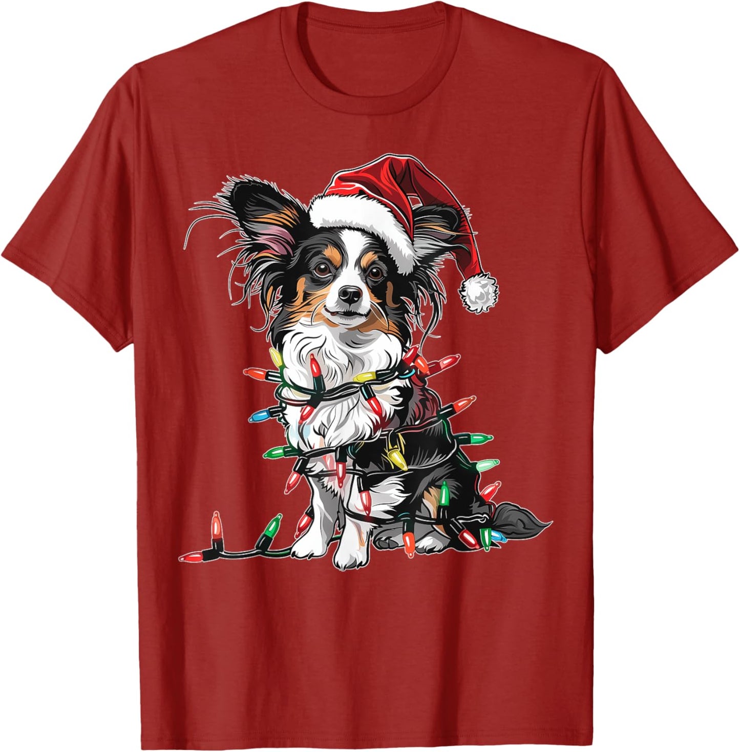 Cute Papillon Dog Christmas Hat Xmas T-Shirt - Cute Papillon Dog Christmas Hat Xmas Gifts - Unisex-Kids, Unisex-Adults - Red - Small - Short Sleeve -