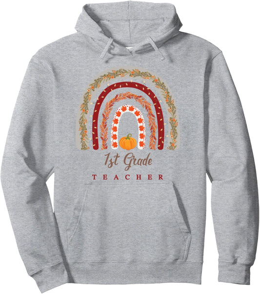 1st Grade Teacher Boho Pumpkin Rainbow Thanksgiving Fall Pullover Hoodie