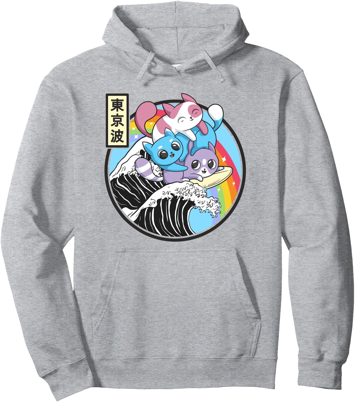 Playing Cats Surfing Kanagawa Wave Kawaii Anime Vaporwave Pullover Hoodie
