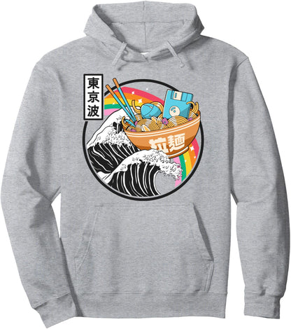 Digital Ramen Bowl Kanagawa Wave Japan Otaku Anime Vaporwave Pullover Hoodie