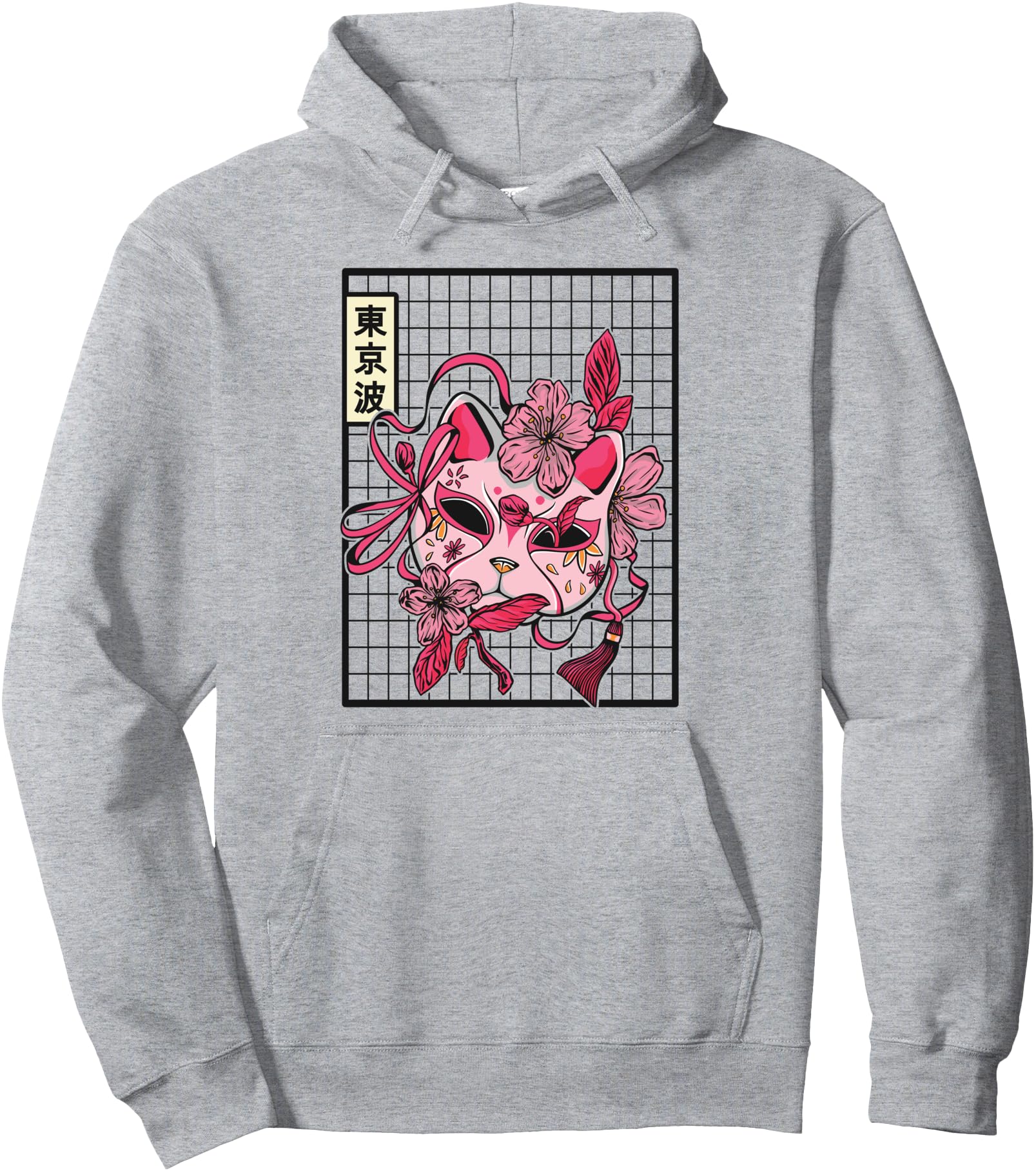 Japanese Mask Cat Cherry Blossom Japan Aesthetic Grid Anime Pullover Hoodie