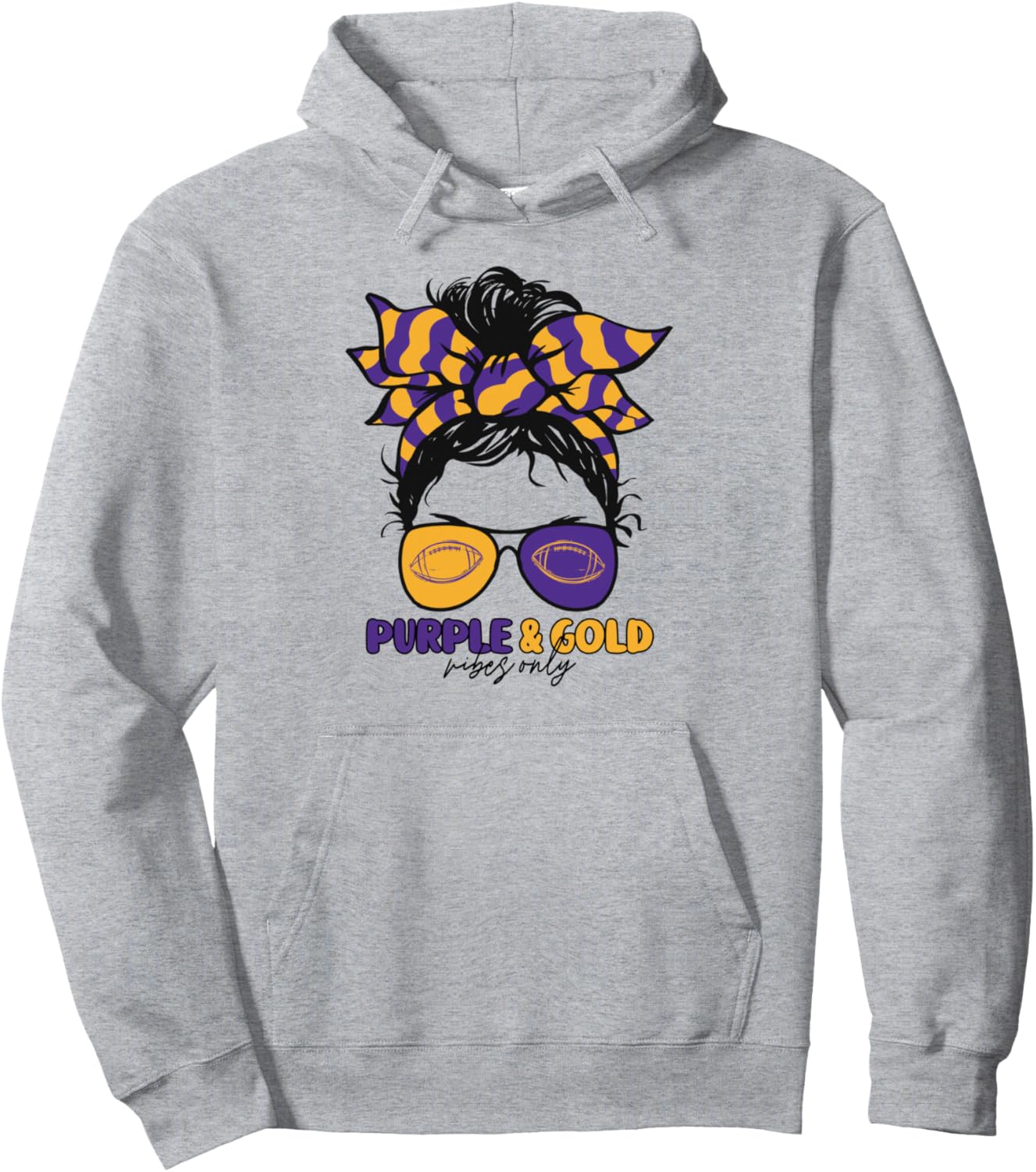 Purple and Gold Vibes Only Football Mom Gameday Messy Hair Pullover Hoodie