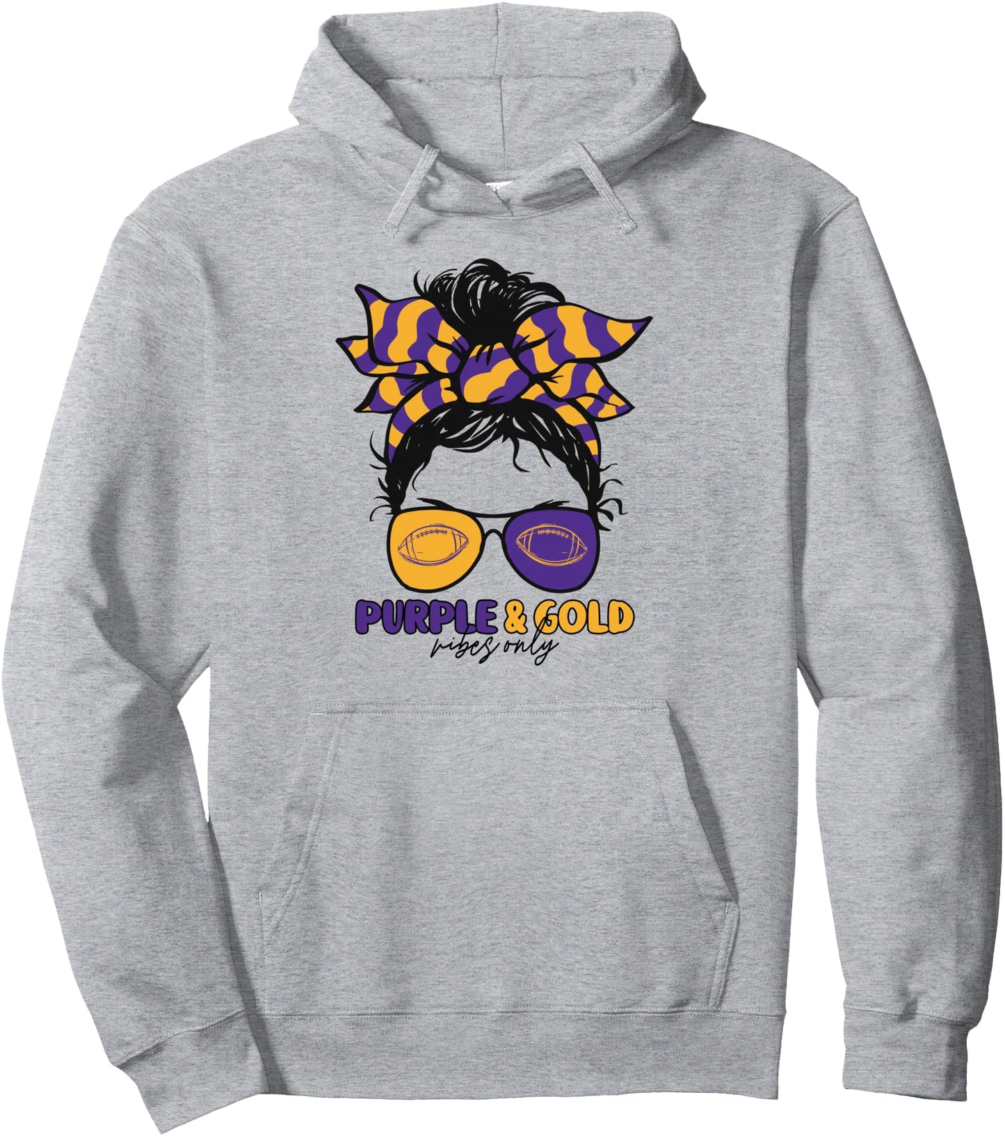 Purple and Gold Vibes Only Football Mom Gameday Messy Hair Pullover Hoodie