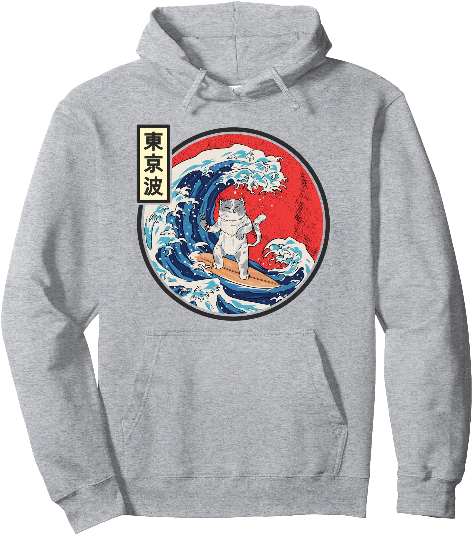 Cat Surfing Japanese Waves Kanagawa Japan Sun Flag Anime Pullover Hoodie