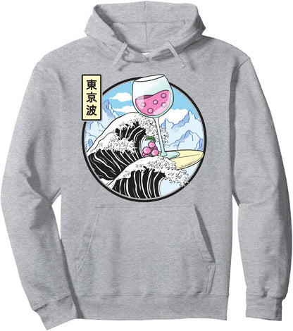Surfing Wine Glass On Kanagawa Wave Kawaii Vaporwave Anime Pullover Hoodie